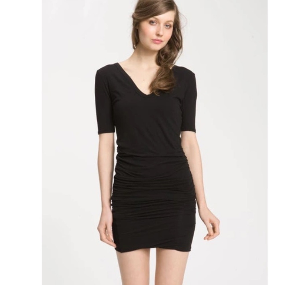 James Perse Ruched Fitted Black Dress V neck sz 1 Small Style WJE6641